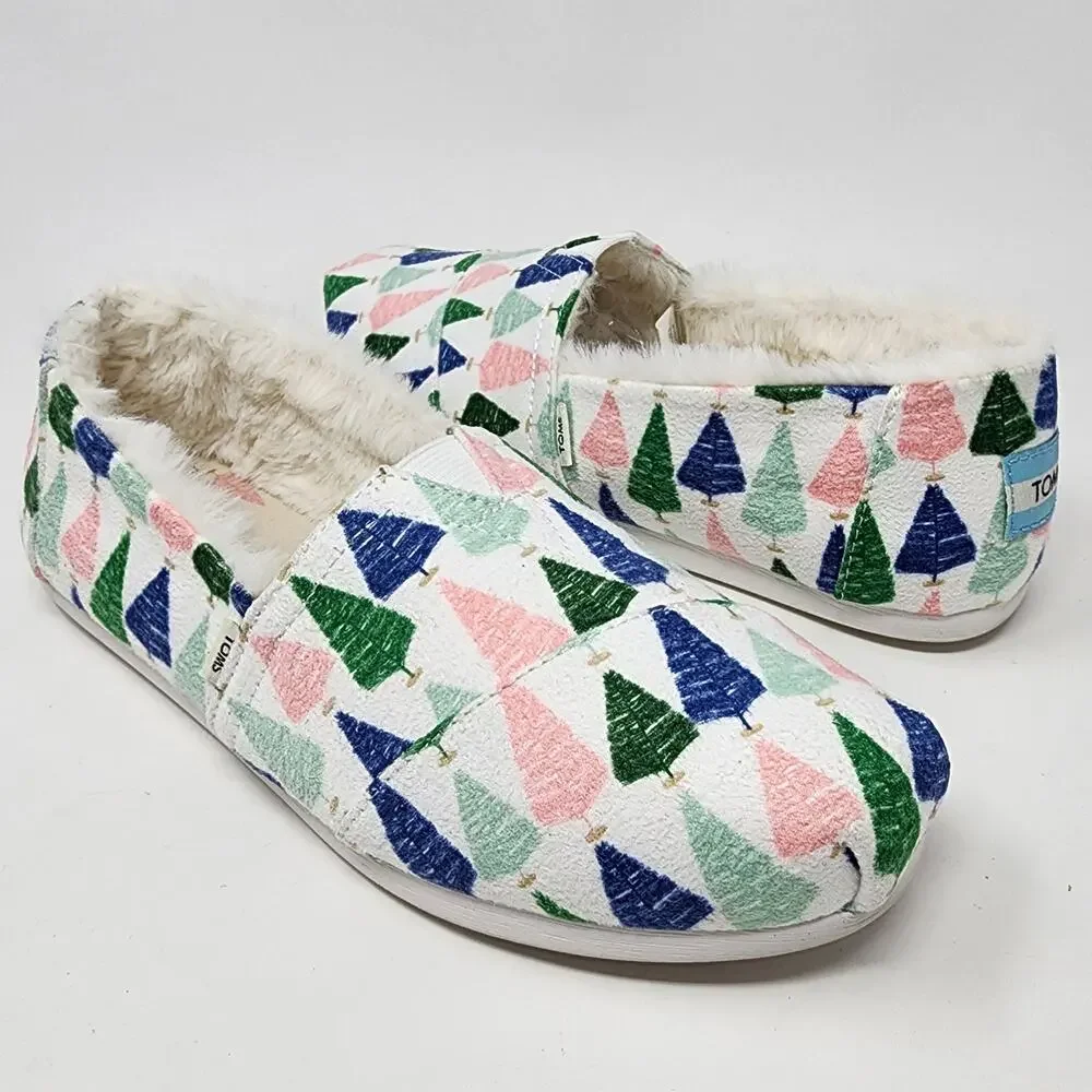 TOMS X Paper Source Espadrilles Women 5.5 Colorful Trees with faux fur edge Flat
